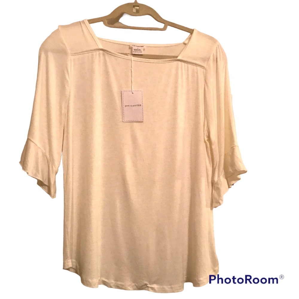 🆕NWT pret-a-porTEE White Boatneck Top with Flutter Sleeves Sz M